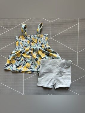 Isaac Mizrahi|Baby girl matching set,Lemon Print Smocked Tank + Striped Shorts•